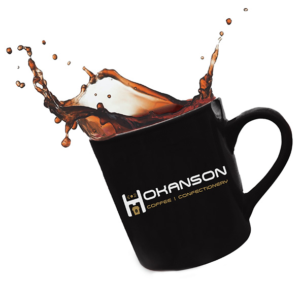 Hokanson Coffee and Confectionary Logo on a cup of coffee